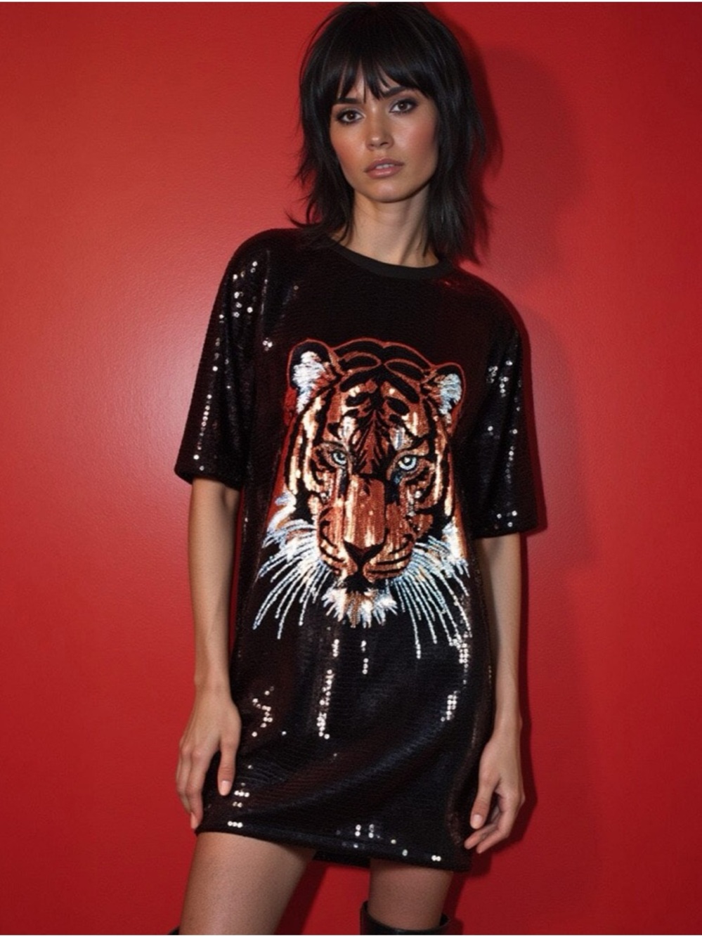 Sequin Tiger Mini Dress in Black